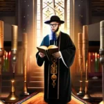 A Rabbi standing in a synagogue, wearing traditional Jewish garb, surrounded by Torah scrolls and other religious symbols. - Rabbi