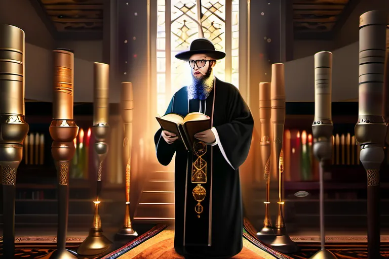 A Rabbi standing in a synagogue, wearing traditional Jewish garb, surrounded by Torah scrolls and other religious symbols. - Rabbi