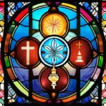 A stained-glass window depicting various religious symbols arranged in a colorful, intricate pattern. - religious symbols