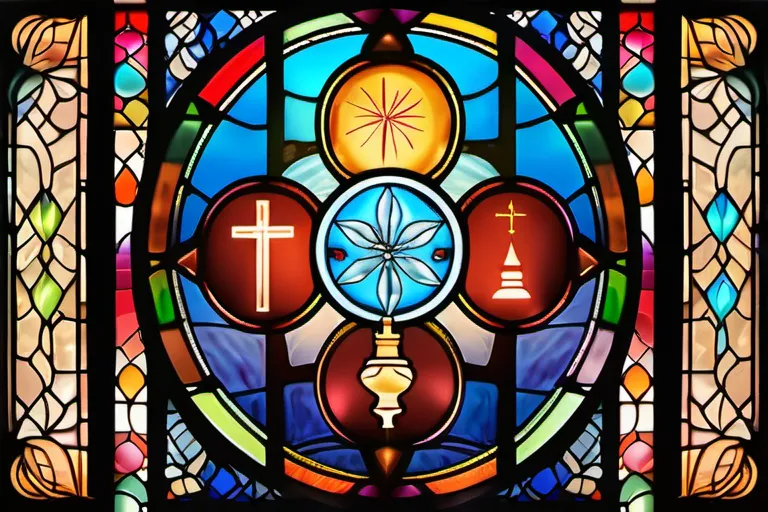 A stained-glass window depicting various religious symbols arranged in a colorful, intricate pattern. - religious symbols