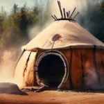 A serene image of a Native American sweat lodge with steam rising from the entrance. - sweat lodge ceremony