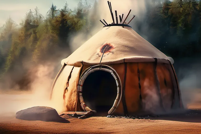 A serene image of a Native American sweat lodge with steam rising from the entrance. - sweat lodge ceremony