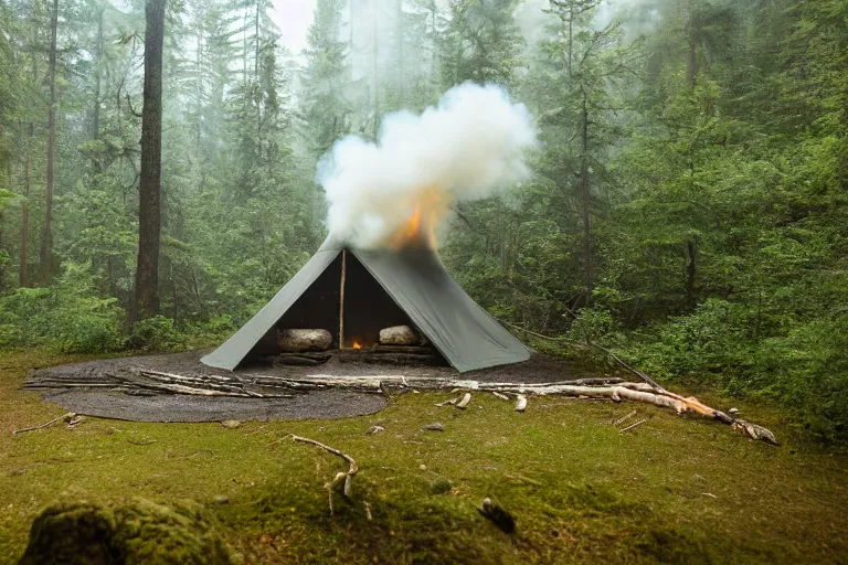 A serene image of a sweat lodge nestled within a forest, with smoke gently rising from its entrance. - sweat lodge, indigenous religions