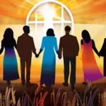 A vibrant image showcasing a diverse group of people gathered together with the Agape Christian Fellowship logo prominently displayed. - Agape Christian Fellowship