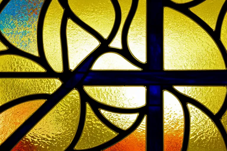 A stained-glass window depicting a Presbyterian cross with an American flag in the background. - American Presbyterian Church