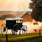 A peaceful Amish scene with a horse-drawn buggy and farm in the background. - Amish beliefs