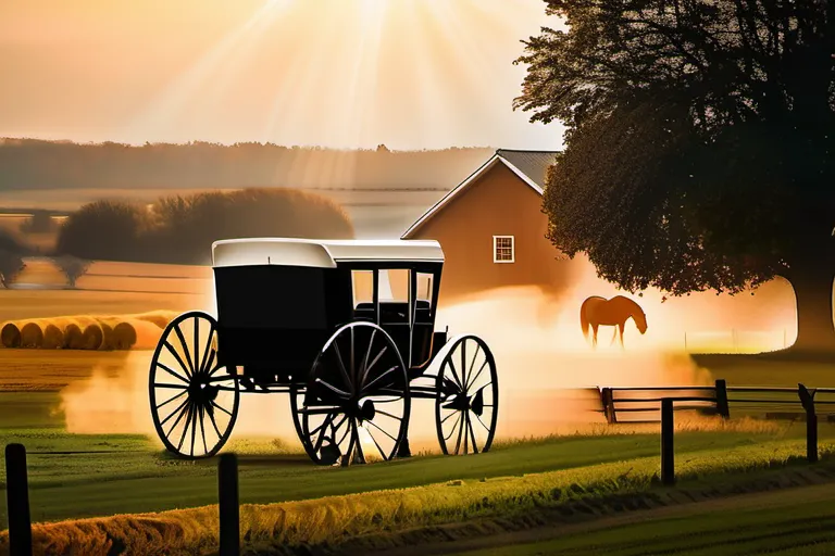 A peaceful Amish scene with a horse-drawn buggy and farm in the background. - Amish beliefs