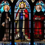 A stained-glass window depicting key figures in Anglican history, with a modern twist to represent its ongoing relevance. - Anglican Religion