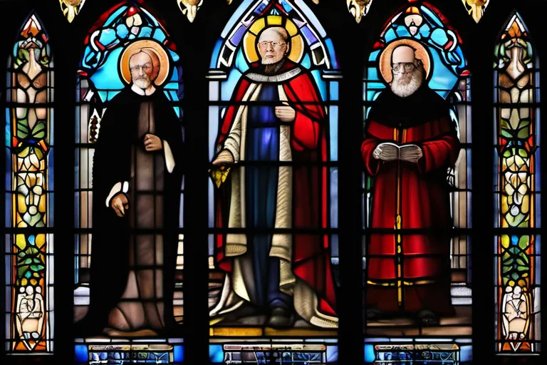 A stained-glass window depicting key figures in Anglican history, with a modern twist to represent its ongoing relevance. - Anglican Religion