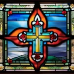 A stained-glass window depicting the Anglican Cross with a modern background to represent the blend of tradition and modernity. - Anglicanism