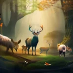 Create an image featuring a serene forest scene, teeming with animals and natural elements, symbolizing the unity between nature and spirit in animism. - animism