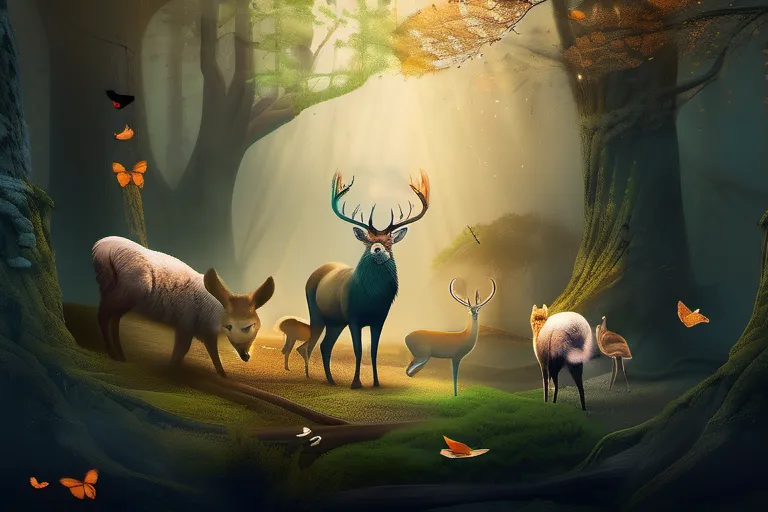 Create an image featuring a serene forest scene, teeming with animals and natural elements, symbolizing the unity between nature and spirit in animism. - animism