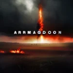 A dramatic depiction of a battlefield with a dark, ominous sky and the word 'Armageddon' written in bold, fiery letters. - Armageddon