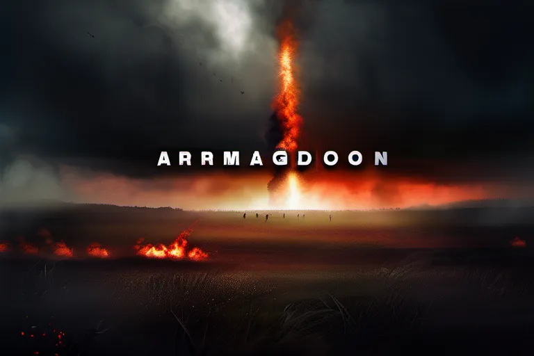 A dramatic depiction of a battlefield with a dark, ominous sky and the word 'Armageddon' written in bold, fiery letters. - Armageddon