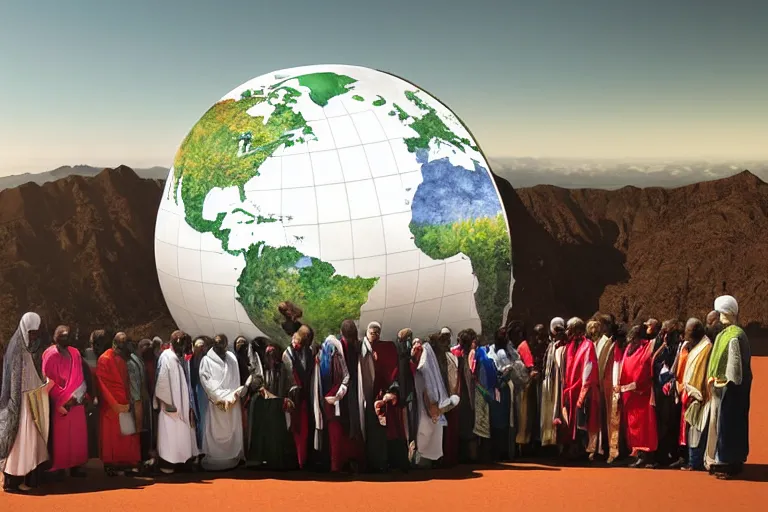 A diverse group of people gathered around a globe, symbolizing global unity and the teachings of Bahá'í. - Bahá'í, Religion, Unity, Peace, Social Justice