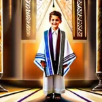 A vibrant image of a Jewish boy wearing a tallit and tefillin, standing under a chuppah during his Bar Mitzvah ceremony. - Bar Mitzvah