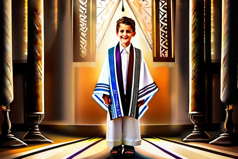 A vibrant image of a Jewish boy wearing a tallit and tefillin, standing under a chuppah during his Bar Mitzvah ceremony. - Bar Mitzvah