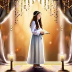 A beautiful illustration of a young girl wearing traditional Jewish attire, standing under a chuppah during her Bat Mitzvah ceremony. - Bat Mitzvah