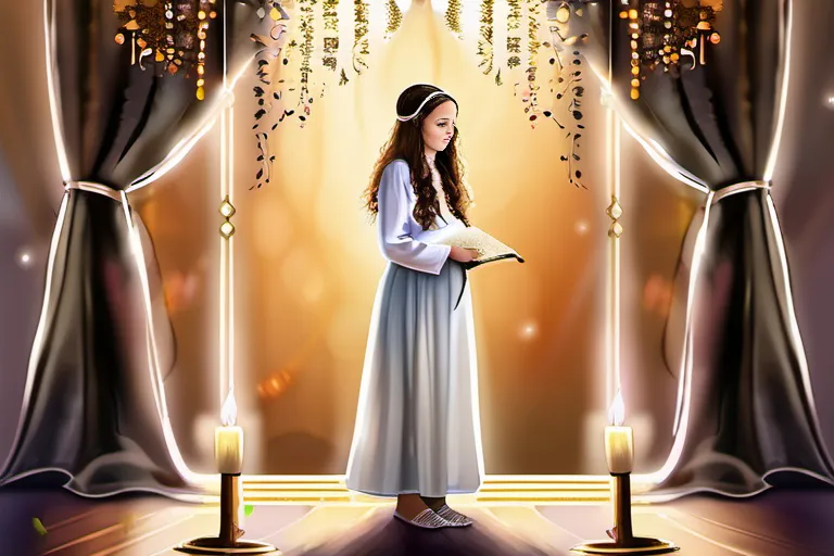 A beautiful illustration of a young girl wearing traditional Jewish attire, standing under a chuppah during her Bat Mitzvah ceremony. - Bat Mitzvah