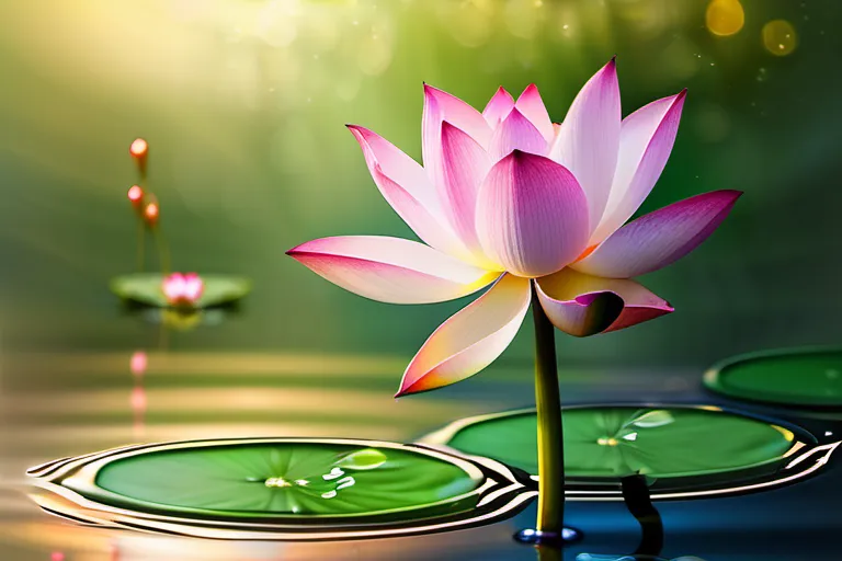 A serene image of a lotus flower blooming over a tranquil pond, symbolizing the essence of Buddhism: growth, enlightenment, and harmony. - Buddhism