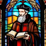 A stained-glass window depicting John Calvin with a Bible in hand, symbolizing the foundational role of his teachings in Calvinism. - Calvinism