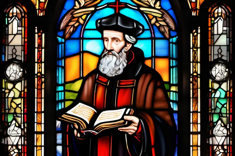 A stained-glass window depicting John Calvin with a Bible in hand, symbolizing the foundational role of his teachings in Calvinism. - Calvinism