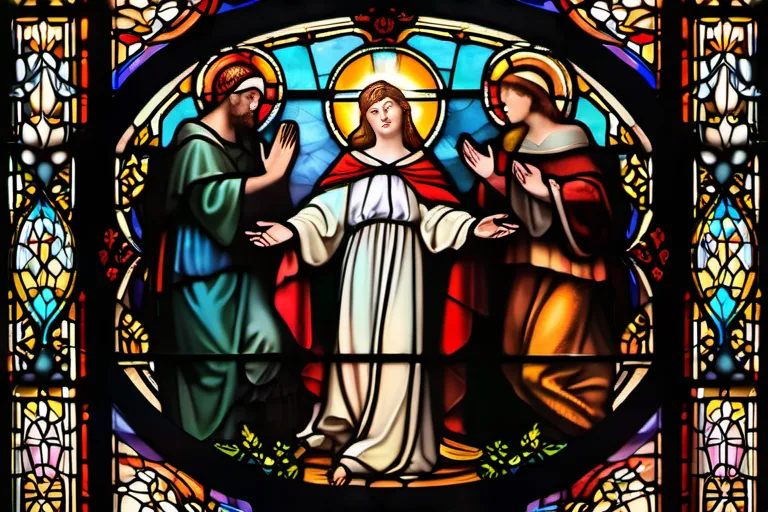 A stained-glass window depicting a saint being crowned by angels. - canonization