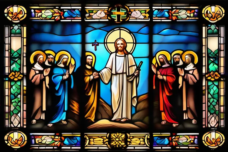 A stained-glass window depicting various saints and religious symbols, with the cross at the center. - Catholic Church