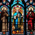 A stained-glass window depicting various saints and religious symbols. - Catholicism