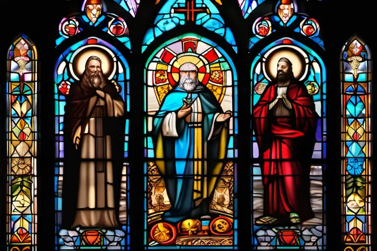 A stained-glass window depicting various saints and religious symbols. - Catholicism