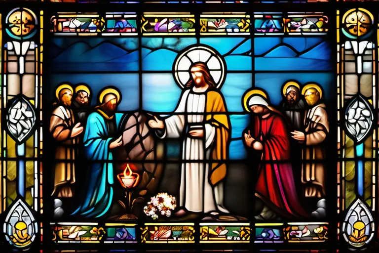 A stained glass window depicting various Christian symbols and figures. - Christianity guide