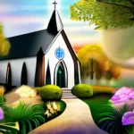 A serene image of a church with a healing garden, symbolizing the spiritual and practical aspects of Christian Science. - Christian Science Beliefs