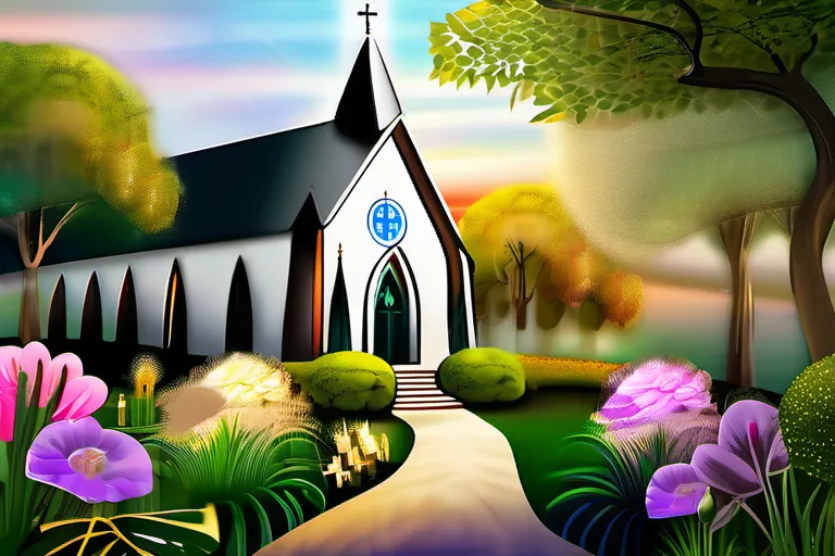 A serene image of a church with a healing garden, symbolizing the spiritual and practical aspects of Christian Science. - Christian Science Beliefs