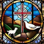 A stained-glass window depicting various Christian symbols, such as a cross, a dove, and a lamb. - Christianity beliefs