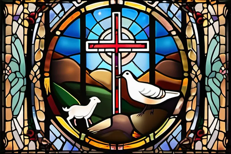 A stained-glass window depicting various Christian symbols, such as a cross, a dove, and a lamb. - Christianity beliefs