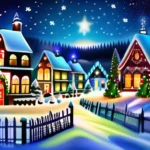 An image showcasing a vibrant Christmas village at night, with twinkling lights, a snow-covered landscape, and various cultural elements like a menorah, a Christmas tree, and holiday decorations from around the world. - Christmas Guide