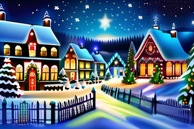 An image showcasing a vibrant Christmas village at night, with twinkling lights, a snow-covered landscape, and various cultural elements like a menorah, a Christmas tree, and holiday decorations from around the world. - Christmas Guide