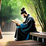 A serene image of an ancient Chinese scholar studying Confucian texts under a bamboo grove. - Confucianism