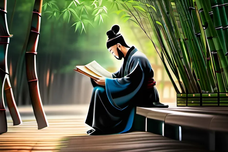 A serene image of an ancient Chinese scholar studying Confucian texts under a bamboo grove. - Confucianism