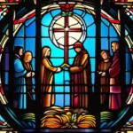 A striking image of a stained-glass window with multiple figures representing various Mormon beliefs, some traditional and others more controversial. - Mormonism Controversial Beliefs