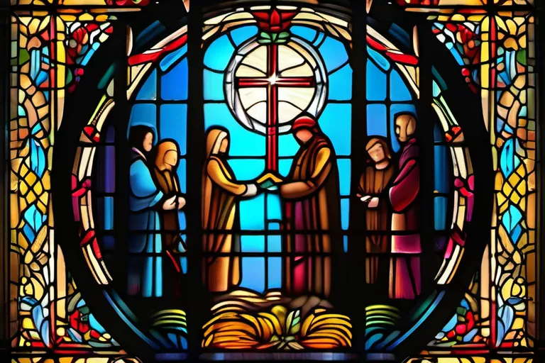 A striking image of a stained-glass window with multiple figures representing various Mormon beliefs, some traditional and others more controversial. - Mormonism Controversial Beliefs