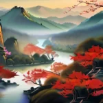 A serene image of a Chinese landscape with a winding river and mountains in the distance, symbolizing the flow of life according to Daoist philosophy. - Daoism