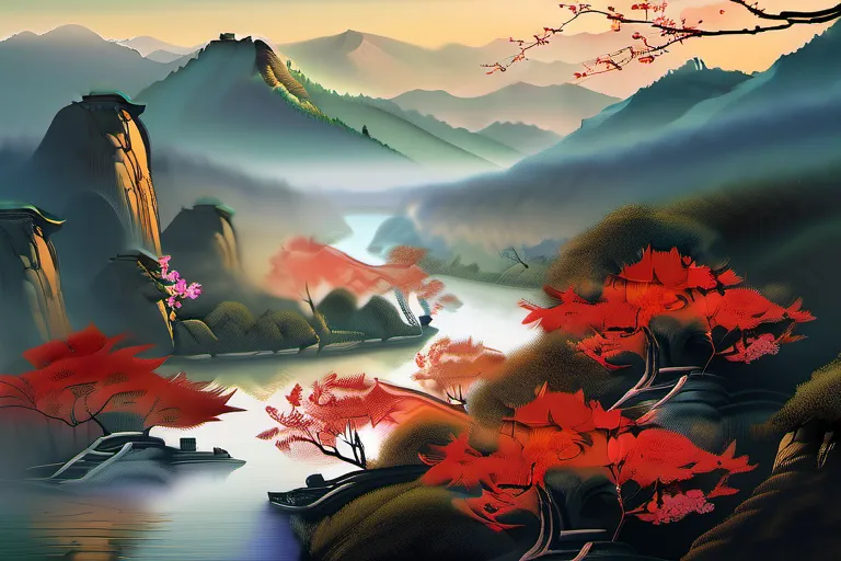 A serene image of a Chinese landscape with a winding river and mountains in the distance, symbolizing the flow of life according to Daoist philosophy. - Daoism