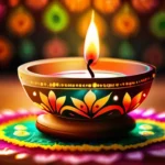 A vibrant image showcasing a traditional Indian diya (oil lamp) surrounded by colorful rangoli patterns, symbolizing the light and joy of Diwali. - Diwali Festival