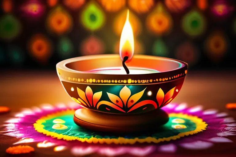 A vibrant image showcasing a traditional Indian diya (oil lamp) surrounded by colorful rangoli patterns, symbolizing the light and joy of Diwali. - Diwali Festival