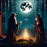 A mystical forest scene with druids performing rituals under a full moon. - Druidism