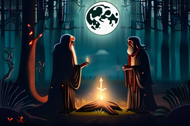 A mystical forest scene with druids performing rituals under a full moon. - Druidism