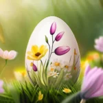 A beautifully illustrated Easter egg nestled among springtime flowers - Easter