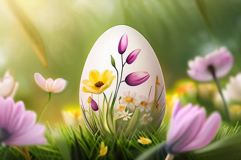 A beautifully illustrated Easter egg nestled among springtime flowers - Easter