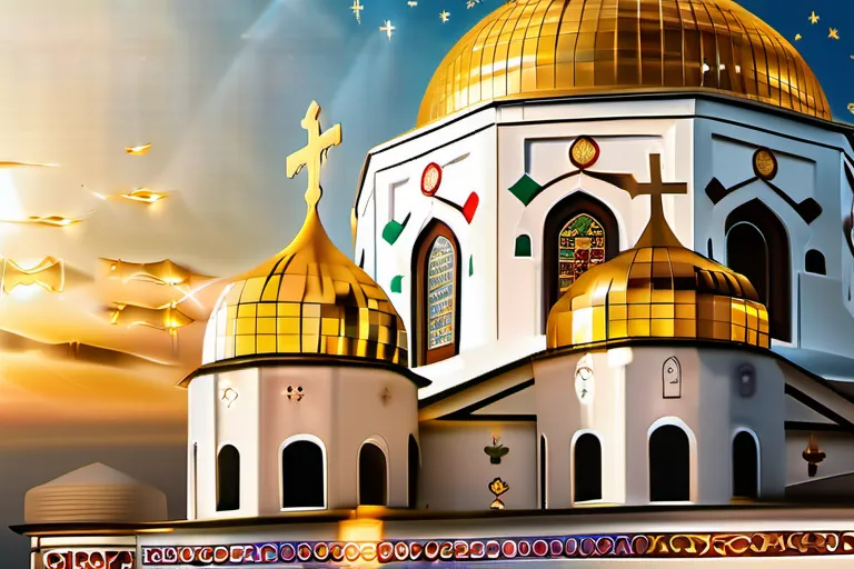 A beautiful Byzantine church with golden domes and intricate mosaics, symbolizing the rich artistic heritage of Eastern Orthodox Christianity. - Eastern Orthodox Christianity